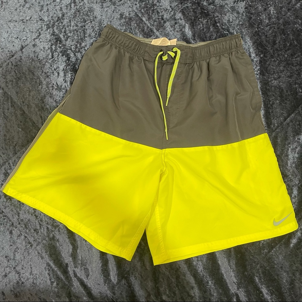 Nike Grey and Neon Green Mens Swim Trunks